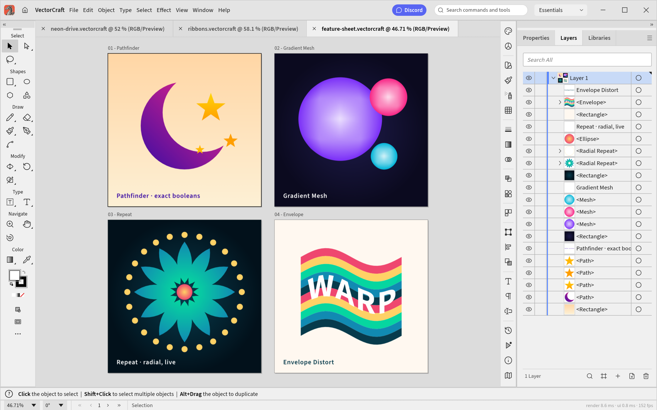 VectorCraft with multiple artboards open for different designs