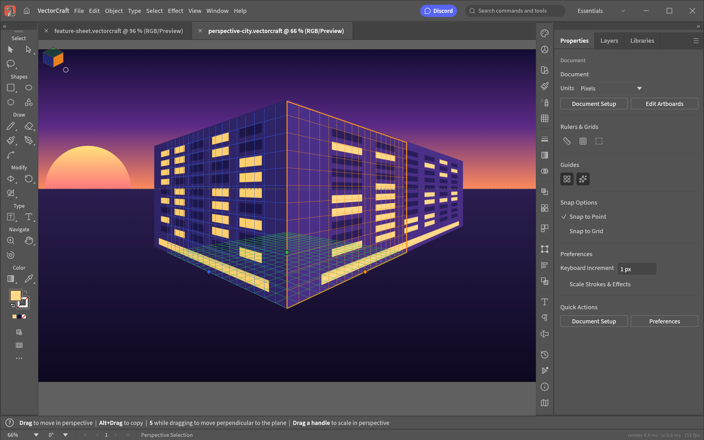 VectorCraft perspective grid with two building facades at sunset